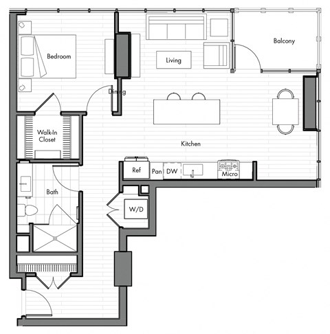 Floor plan for 1 bed, 1 bath, 866 sqft