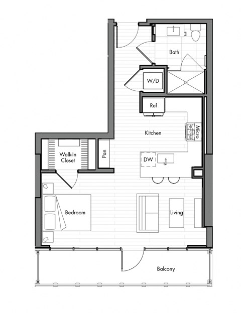 Floor plan for studio, 1 bath, 586 sqft