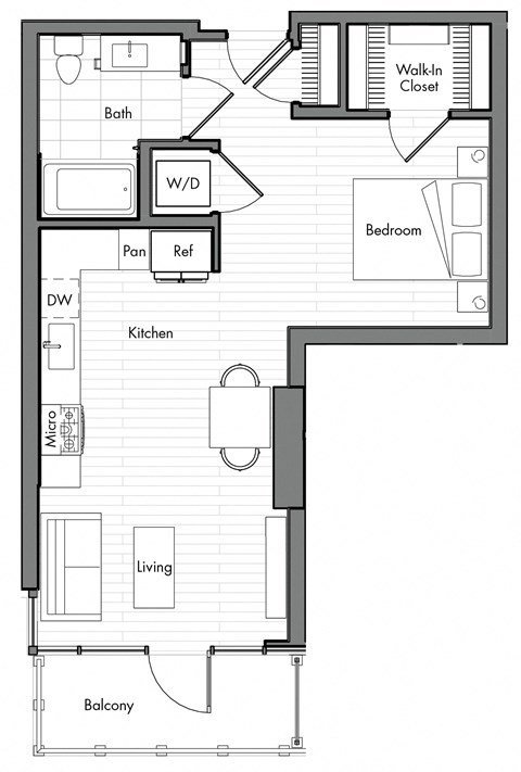 Floor plan for studio, 1 bath, 569 sqft
