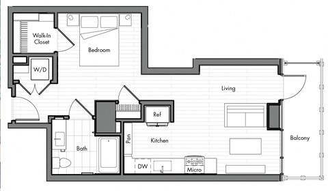 Floor plan for studio, 1 bath, 579 sqft