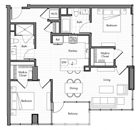 Floor plan for 2 beds, 2 baths, 1078 sqft