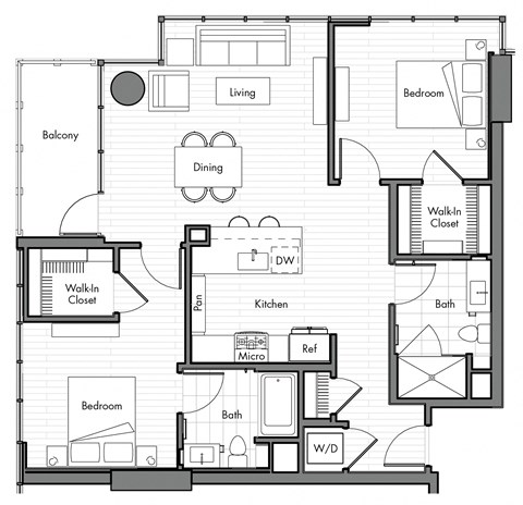 Floor plan for 2 beds, 2 baths, 1083 sqft