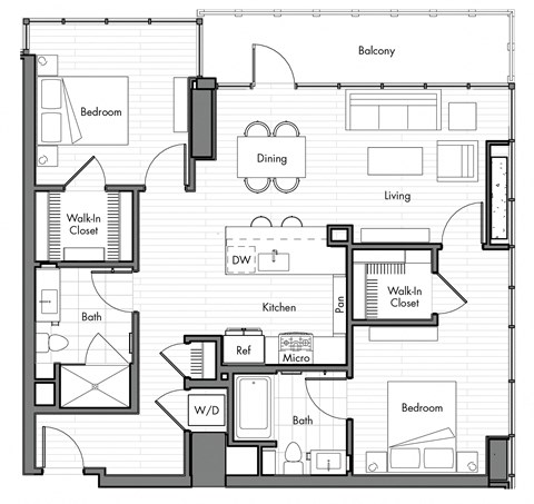 Floor plan for 2 beds, 2 baths, 1091 sqft