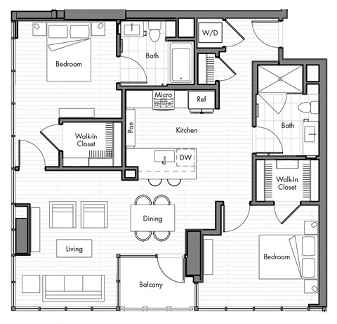 Floor plan for 2 beds, 2 baths, 1108 sqft