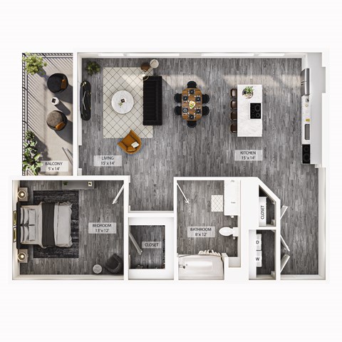 Floor plan for 1 bed, 1 bath, 755 sqft