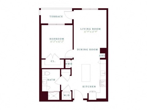 Floor plan for 1 bed, 1 bath, 755 sqft