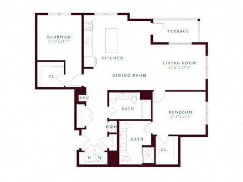 Floor plan for 2 beds, 2 baths, 1345 sqft