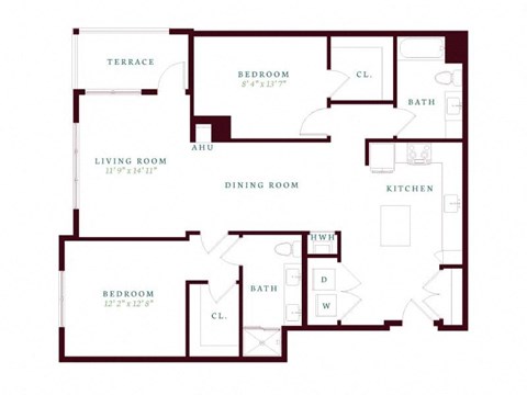 Floor plan for 2 beds, 2 baths, 1316 sqft