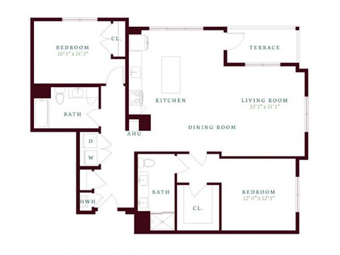 Floor plan for 2 beds, 2 baths, 1342 sqft