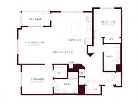 Floor plan for 2 beds, 2 baths, 1355 sqft