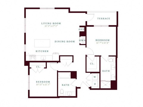 Floor plan for 2 beds, 2 baths, 1150 sqft