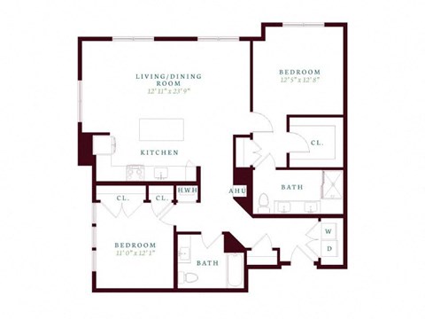 Floor plan for 2 beds, 2 baths, 1295 sqft