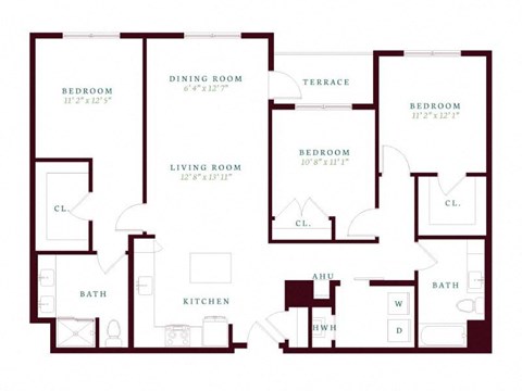 Floor plan for 3 beds, 2 baths, 1453 sqft