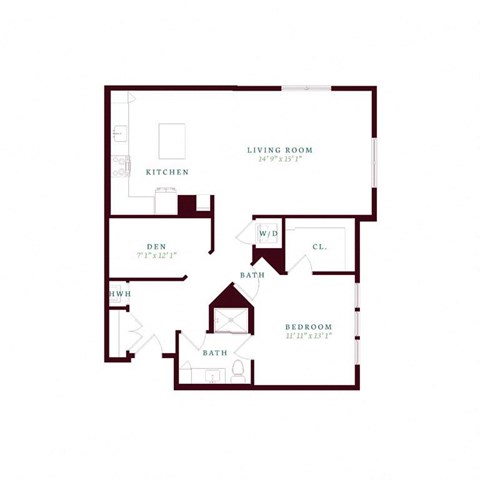 Floor plan for 1 bed, 1 bath, 1082 sqft