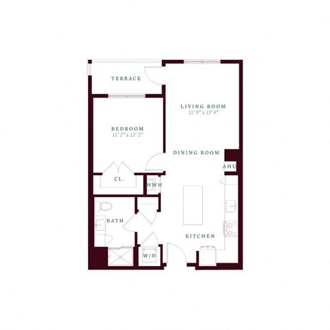 Floor plan for 1 bed, 1 bath, 755 sqft