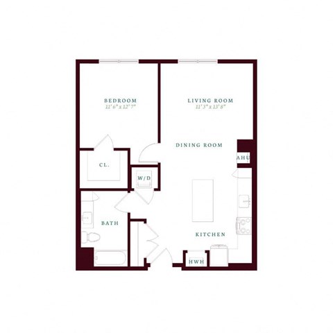 Floor plan for 1 bed, 1 bath, 826 sqft