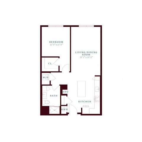 Floor plan for 1 bed, 1 bath, 836 sqft