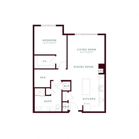Floor plan for 1 bed, 1 bath, 932 sqft