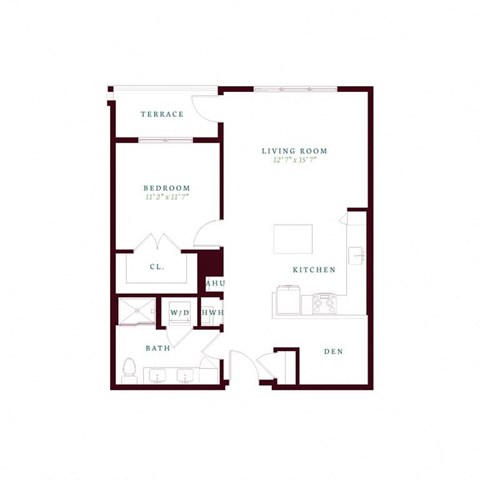 Floor plan for 1 bed, 1 bath, 852 sqft