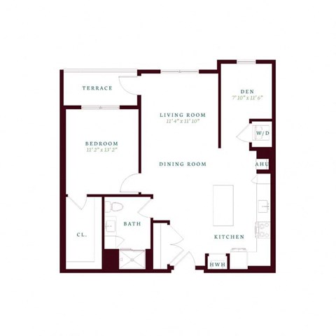 Floor plan for 1 bed, 1 bath, 965 sqft