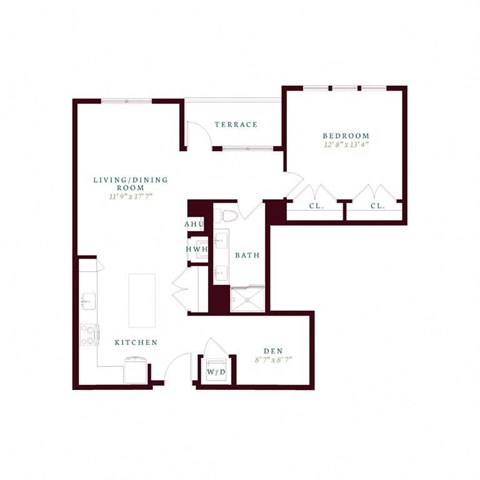Floor plan for 1 bed, 1 bath, 997 sqft