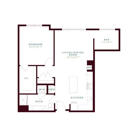 Floor plan for 1 bed, 1 bath, 984 sqft