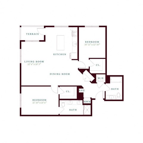 Floor plan for 2 beds, 2 baths, 1310 sqft
