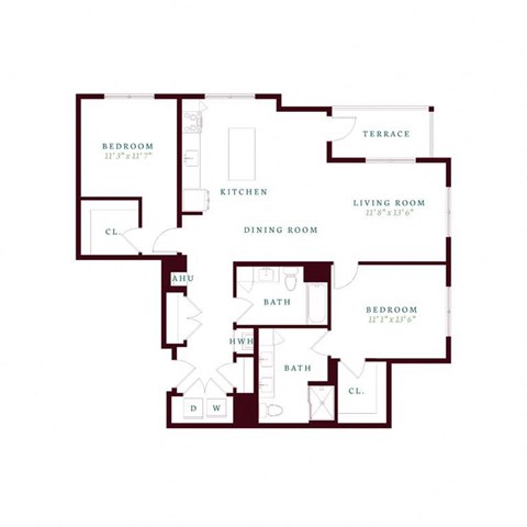 Floor plan for 2 beds, 2 baths, 1215 sqft
