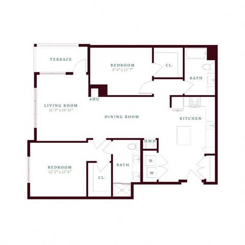 Floor plan for 2 beds, 2 baths, 1316 sqft