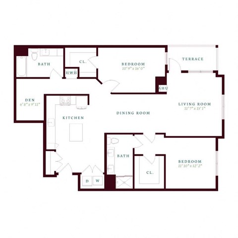Floor plan for 2 beds, 2 baths, 1445 sqft