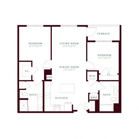 Floor plan for 2 beds, 2 baths, 1108 sqft