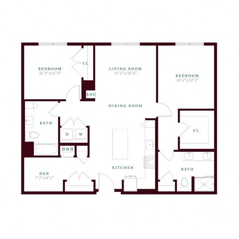Floor plan for 2 beds, 2 baths, 1250 sqft