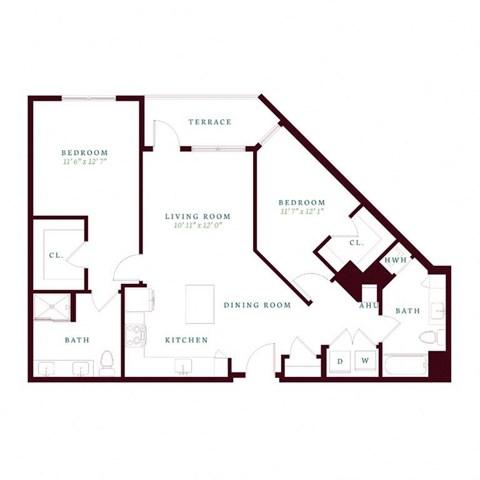 Floor plan for 2 beds, 2 baths, 1134 sqft