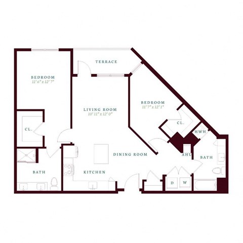 Floor plan for 2 beds, 2 baths, 1134 sqft