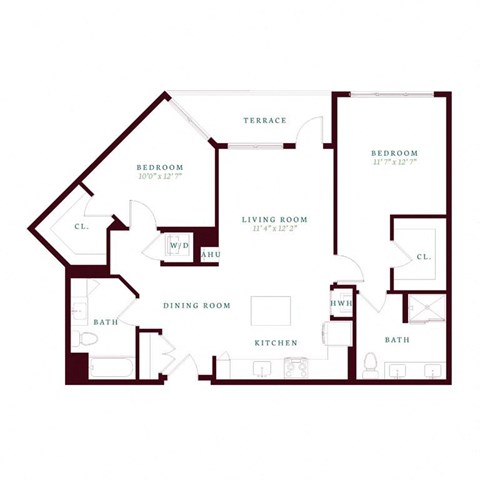 Floor plan for 2 beds, 2 baths, 1150 sqft