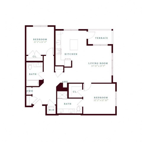 Floor plan for 2 beds, 2 baths, 1152 sqft
