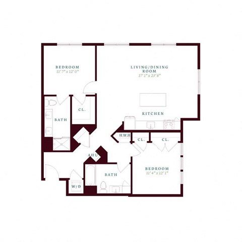 Floor plan for 2 beds, 2 baths, 1235 sqft