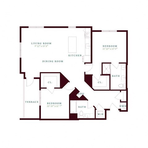 Floor plan for 2 beds, 2 baths, 1308 sqft