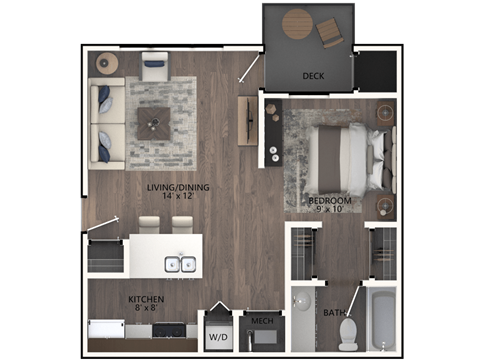 Floor plan for 1 bed, 1 bath, 590 sqft