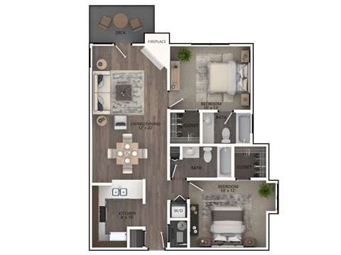 Floor plan for 2 beds, 2 baths, 875 sqft