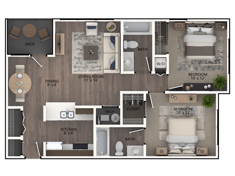 Floor plan for 2 beds, 2 baths, 940 sqft