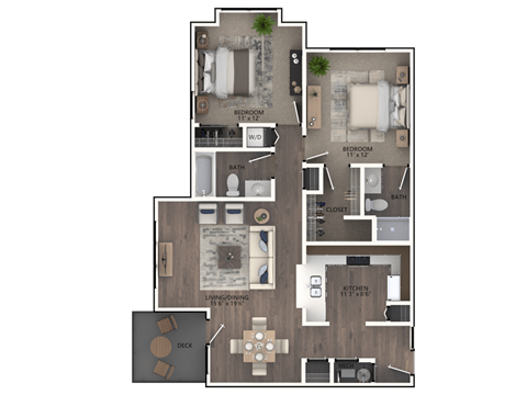Floor plan for 2 beds, 2 baths, 1000 sqft