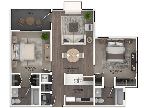 Floor plan for 2 beds, 2 baths, 850 sqft