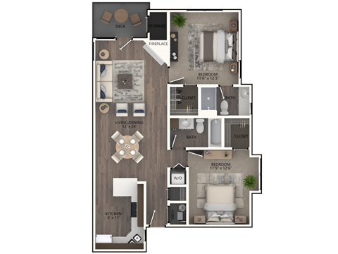Floor plan for 2 beds, 2 baths, 890 sqft