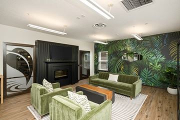 West Des Moines apartment for rent - A living room with a green couch and a fireplace.