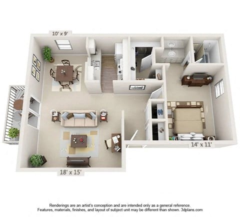 Floor plan for 1 bed, 1 bath, 800 sqft