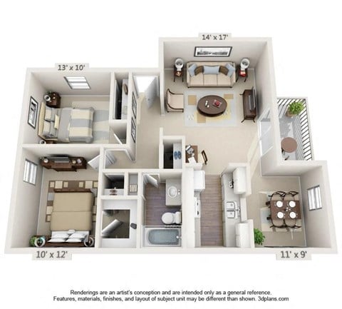Floor plan for 2 beds, 1 bath, 1000 sqft