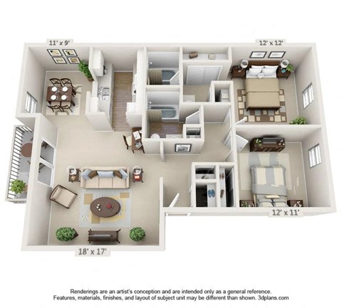 Floor plan for 2 beds, 2 baths, 1070 sqft