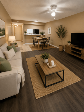 Tampa apartment for rent - A living room with a couch, a coffee table, and a television.at Oak Chase I, Tampa FL