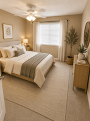 Tampa apartment for rent - A bedroom with a bed, nightstand, and a plant.at Oak Chase I, Tampa FL